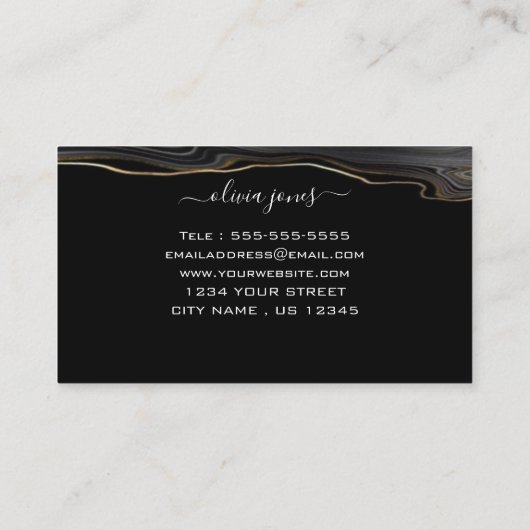 Modern Black Agate Gold Glitter Signature Script Visitekaartje (Achterkant)