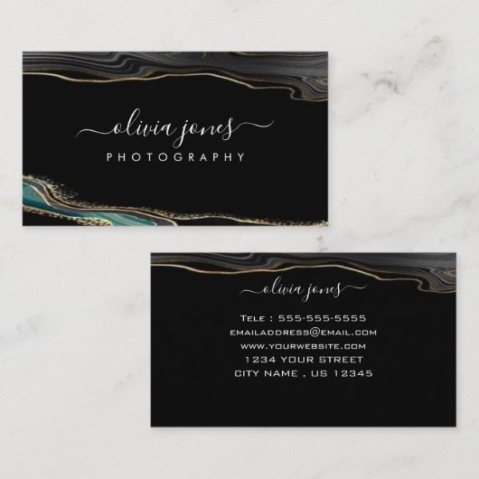 Modern Black Agate Gold Glitter Signature Script Visitekaartje (Voorkant / Achterkant)