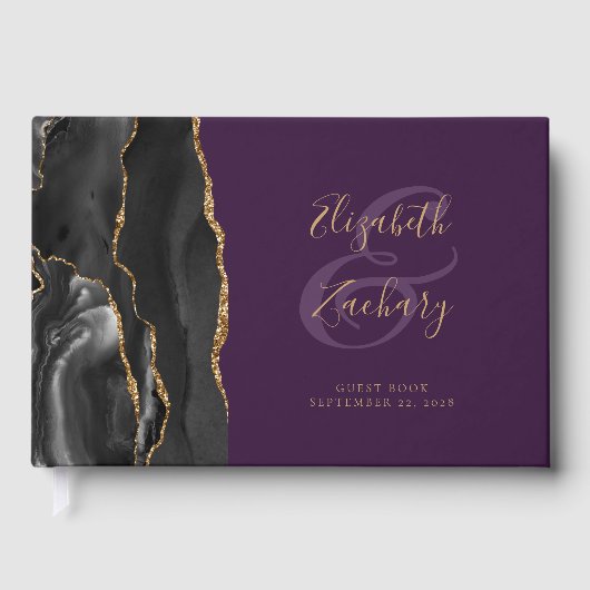 Modern Black Agate Gold Script Paarse Gastenboek (Voorkant)