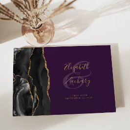 Modern Black Agate Gold Script Paarse Gastenboek