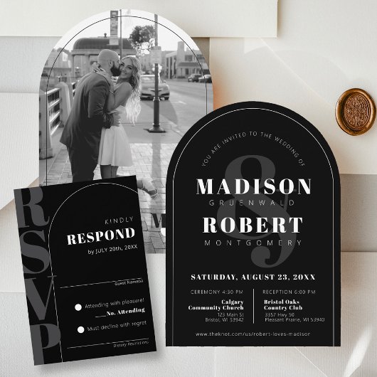 Modern Black Ampersand Arch Wedding RSVP Kaart
