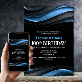 Modern Black and Blue 100th Birthday Party Kaart