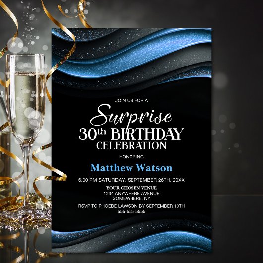 Modern Black and Blue Surprise 30th Birthday Party Kaart