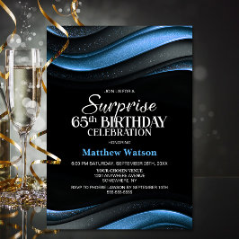 Modern Black and Blue Surprise 65th Birthday Party Kaart
