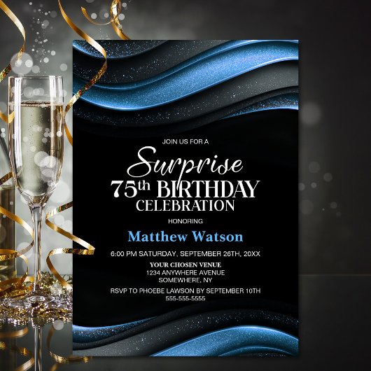 Modern Black and Blue Surprise 75th Birthday Party Kaart