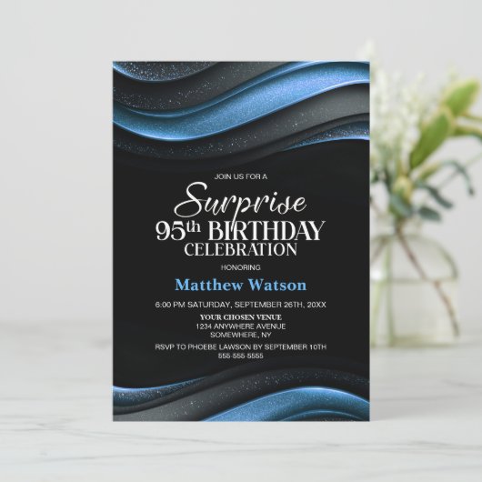Modern Black and Blue Surprise 95th Birthday Party Kaart (Staand voorkant)