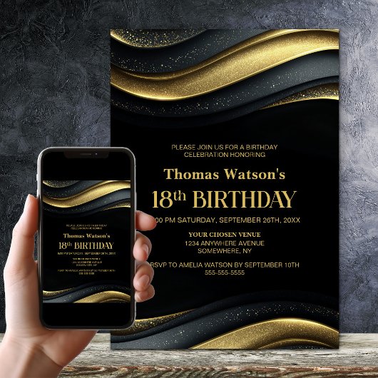 Modern Black and Gold 18th Birthday Party Kaart