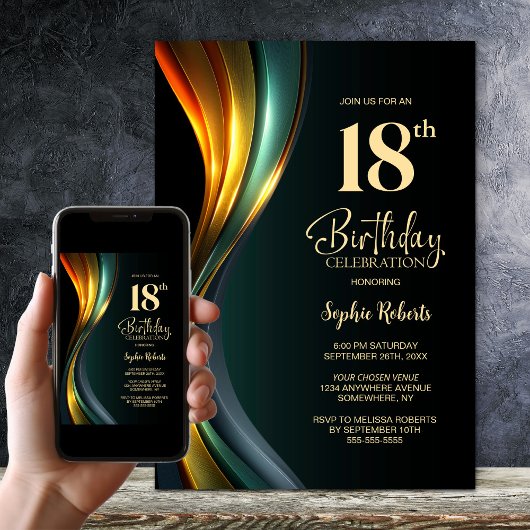 Modern Black and Gold 18th Birthday Party Kaart