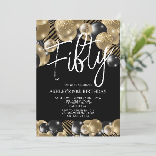 Modern Black and Gold 50th Birthday Invitation Kaart (Staand voorkant)