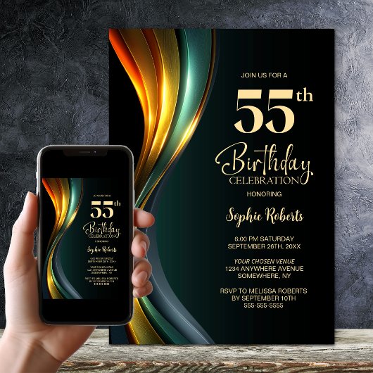 Modern Black and Gold 55th Birthday Party Kaart