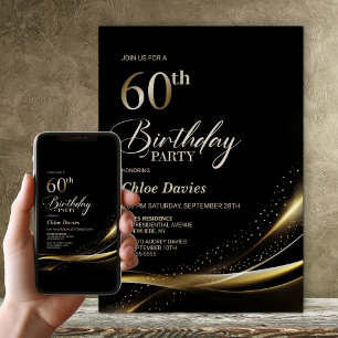Modern Black and Gold 60th Birthday Party Kaart