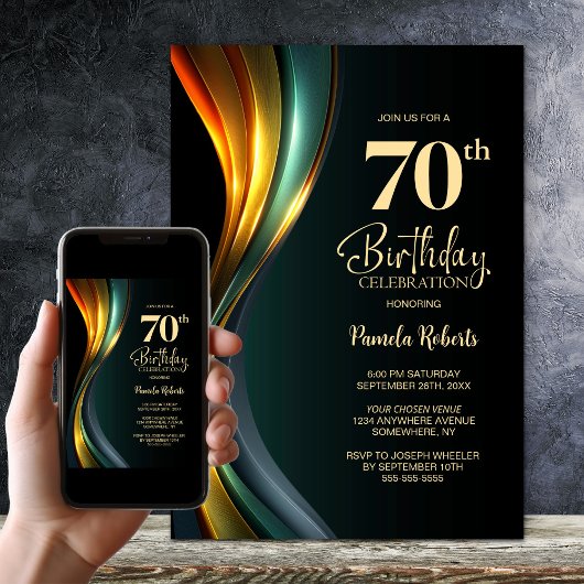 Modern Black and Gold 70th Birthday Party Kaart