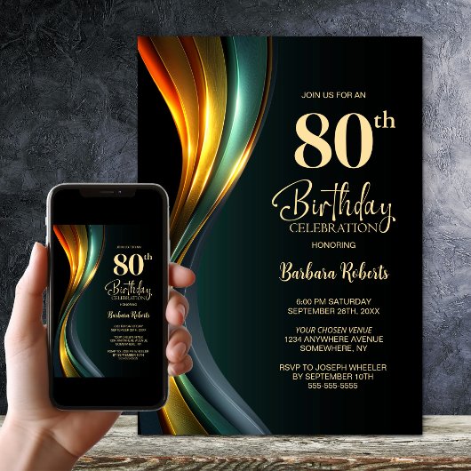 Modern Black and Gold 80th Birthday Party Kaart
