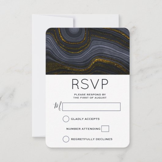 Modern Black and Gold Agate Stone Abstract Wedding RSVP Kaartje (Voorkant)