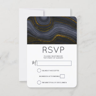 Modern Black and Gold Agate Stone Abstract Wedding RSVP Kaartje