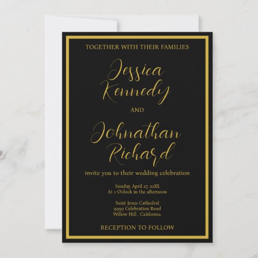 Modern Black and Gold Calligraphy Photo Wedding  Kaart (Voorkant)