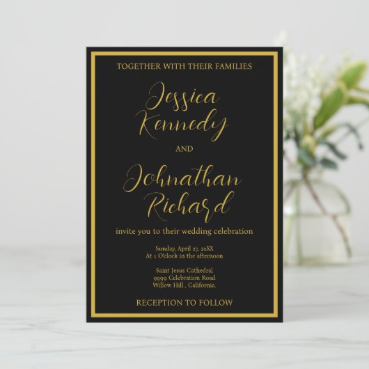 Modern Black and Gold Calligraphy Photo Wedding  Kaart (Staand voorkant)