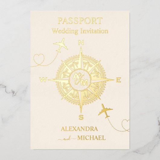 Modern Black and Gold Destination Passport Wedding Folie Uitnodiging (Voorkant)