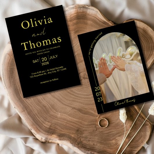 Modern Black and Gold Elegant Wedding Invitation Bedankkaart