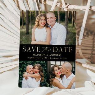Modern Black and Gold Foil 3 Foto Save the Date Folie Uitnodiging