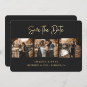 Modern Black and Gold Foil Wedding 3 Foto Save The Date (Voorkant / Achterkant)