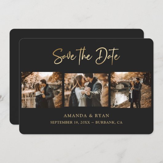 Modern Black and Gold Foil Wedding 3 Foto Save The Date (Voorkant / Achterkant)