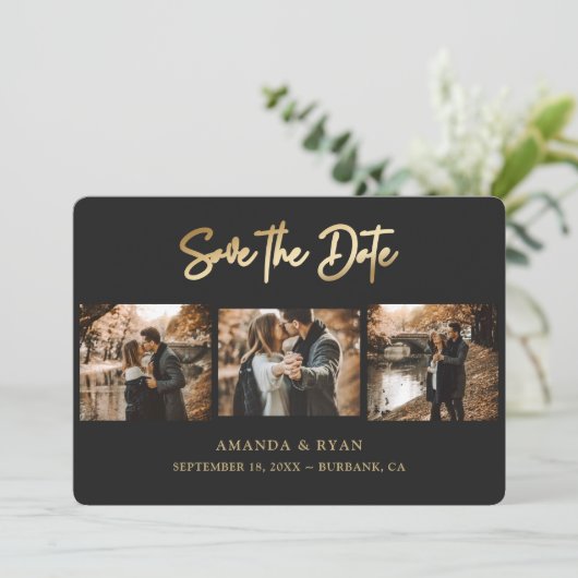 Modern Black and Gold Foil Wedding 3 Foto Save The Date (Staand voorkant)