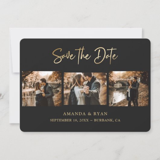 Modern Black and Gold Foil Wedding 3 Foto Save The Date (Voorkant)