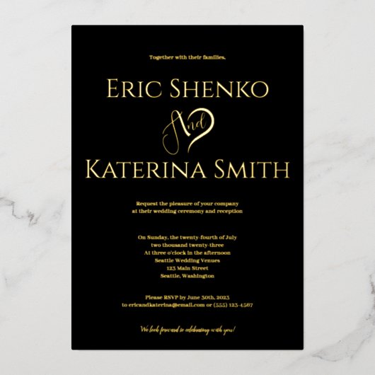 Modern Black and Gold Foil Wedding Invitation Folie Uitnodiging (Voorkant)
