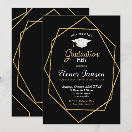 Modern Black and Gold Geometric Graduparty Kaart (Voorkant / Achterkant)