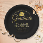 Modern Black and Gold Graduation Party Papieren Bordje<br><div class="desc">Een elegant bord voor afgestudeerden in zwart en goudpapier met uw afstudeerders details,  zoals vastgelegd in de tekenfilm. Ontworpen door: Thisnotme©</div>