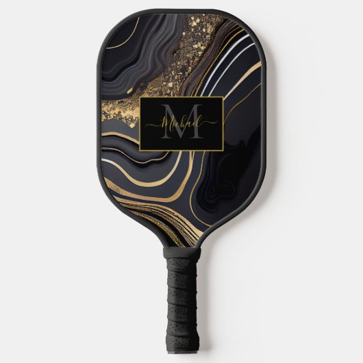 Modern Black and Gold Marbled Monogram Pickleball Paddle (Voorkant)