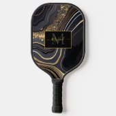 Modern Black and Gold Marbled Monogram Pickleball Paddle (Achterkant)