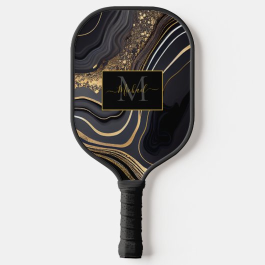 Modern Black and Gold Marbled Monogram Pickleball Paddle (Achterkant)
