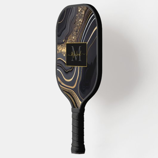 Modern Black and Gold Marbled Monogram Pickleball Paddle (Links)