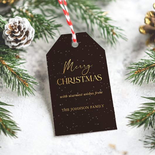 Modern Black and Gold Merry Christmas Family Name Cadeaulabel