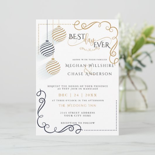 Modern Black and Gold Minimal Holiday Baubles Kaart (Staand voorkant)