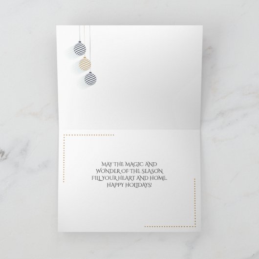 Modern Black and Gold Minimal Holiday Baubles Kaart (Binnen)