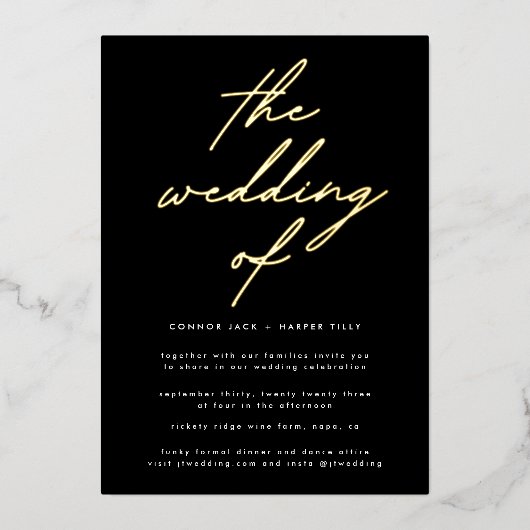 Modern Black and Gold Modern Wedding REAL GOLD Folie Uitnodiging (Voorkant)