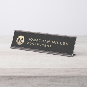 Modern Black and Gold Monogram Desk Name Bord Bureau Naambordje