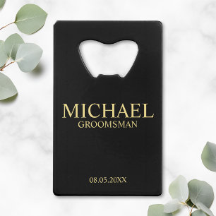 Modern Black and Gold Personalized Groomsman Creditkaart Flessenopener