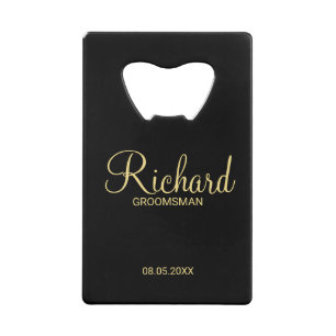 Modern Black and Gold Personalized Groomsman Creditkaart Flessenopener