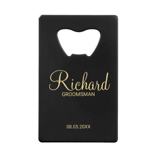 Modern Black and Gold Personalized Groomsman Creditkaart Flessenopener (Voorkant)