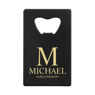 Modern Black and Gold Personalized Groomsman Creditkaart Flessenopener