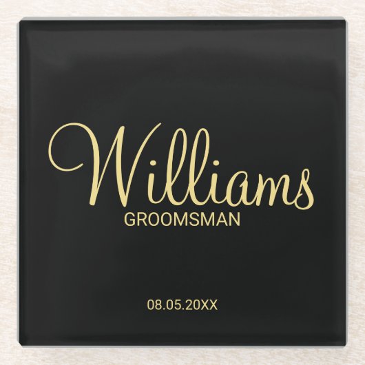 Modern Black and Gold Personalized Groomsman Glazen Onderzetter (Voorkant)