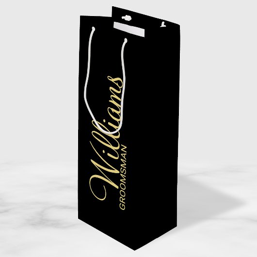 Modern Black and Gold Personalized Groomsman Wijn Cadeautas