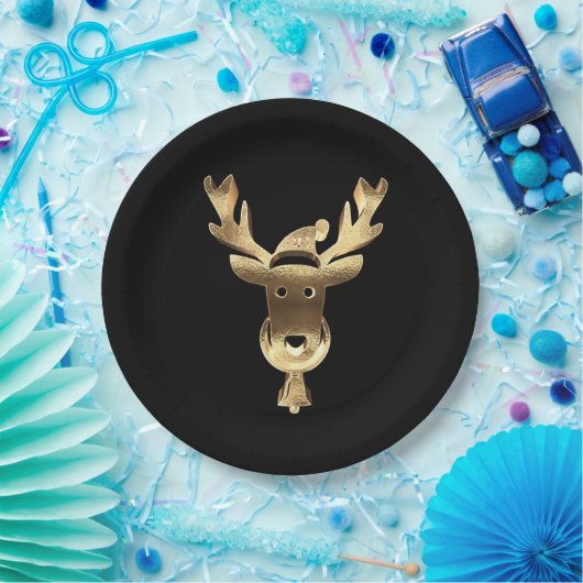 Modern Black and Gold Reindeer Santa Hat Kerstmis Papieren Bordje (Feest)