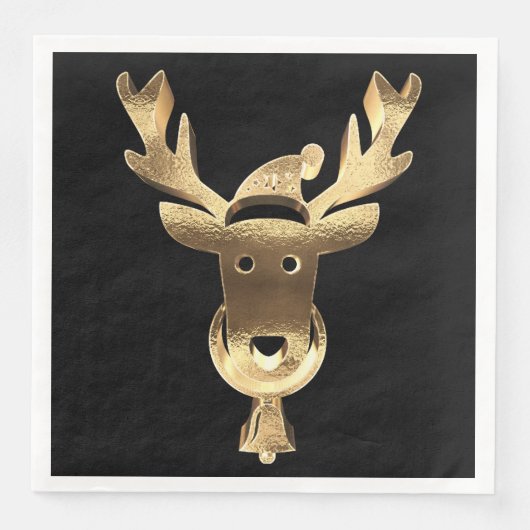 Modern Black and Gold Reindeer Santa Hat Kerstmis Servet (Voorkant)