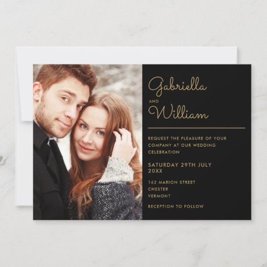 Modern Black and Gold Script 2 Photo Wedding Kaart (Voorkant)