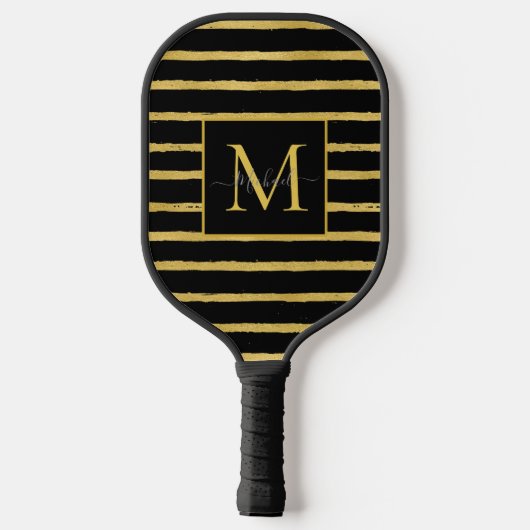 Modern Black and Gold Striped Monogram Name Pickleball Paddle (Achterkant)